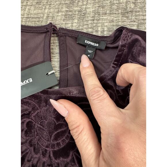Express Velvet Crew Neck Lace Embroidered Peplum Top Size Medium Merlot $78 - Picture 7 of 11